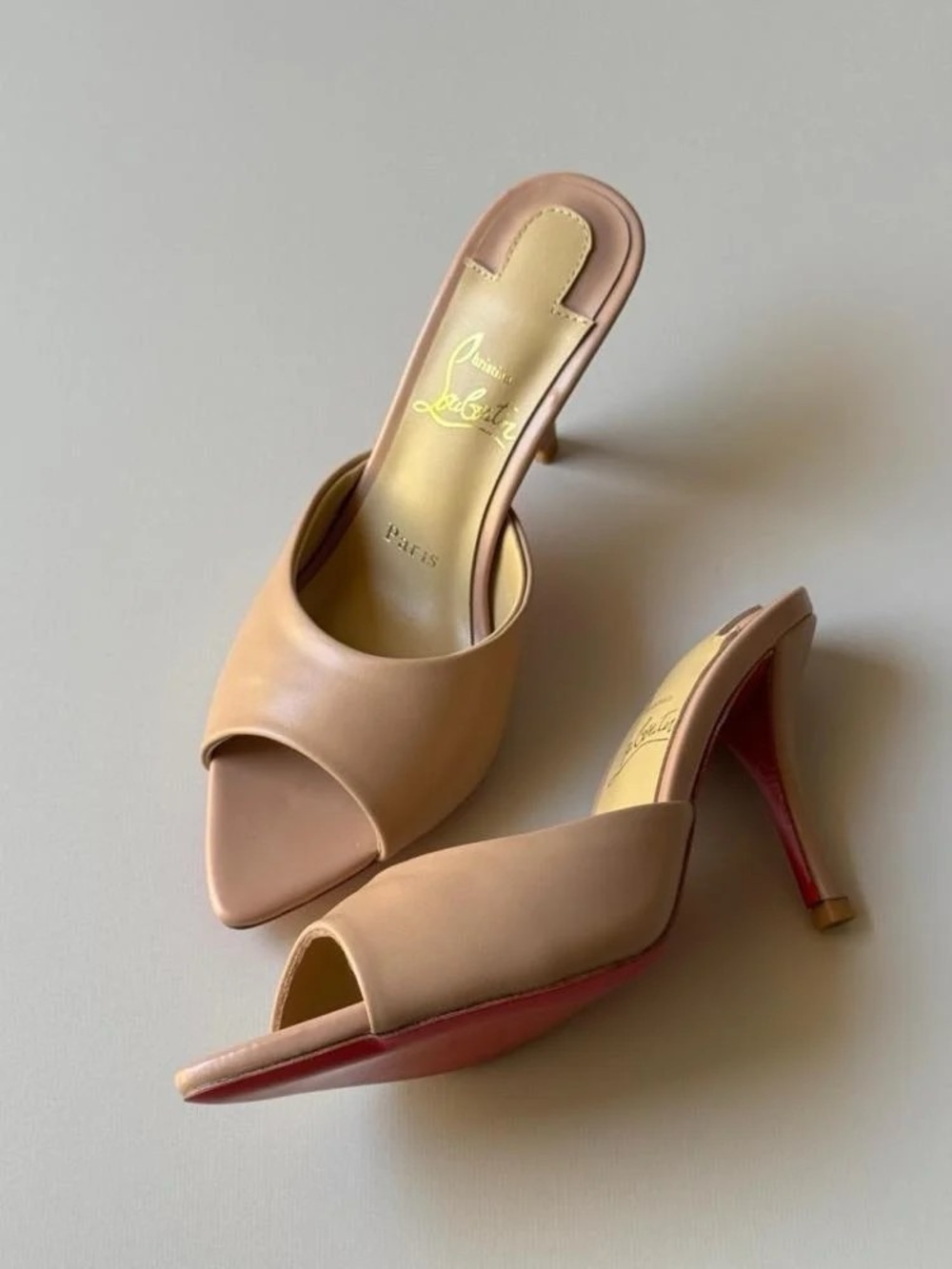 Christian Louboutin Nude Leather Open-Toe Mules with Red Heel